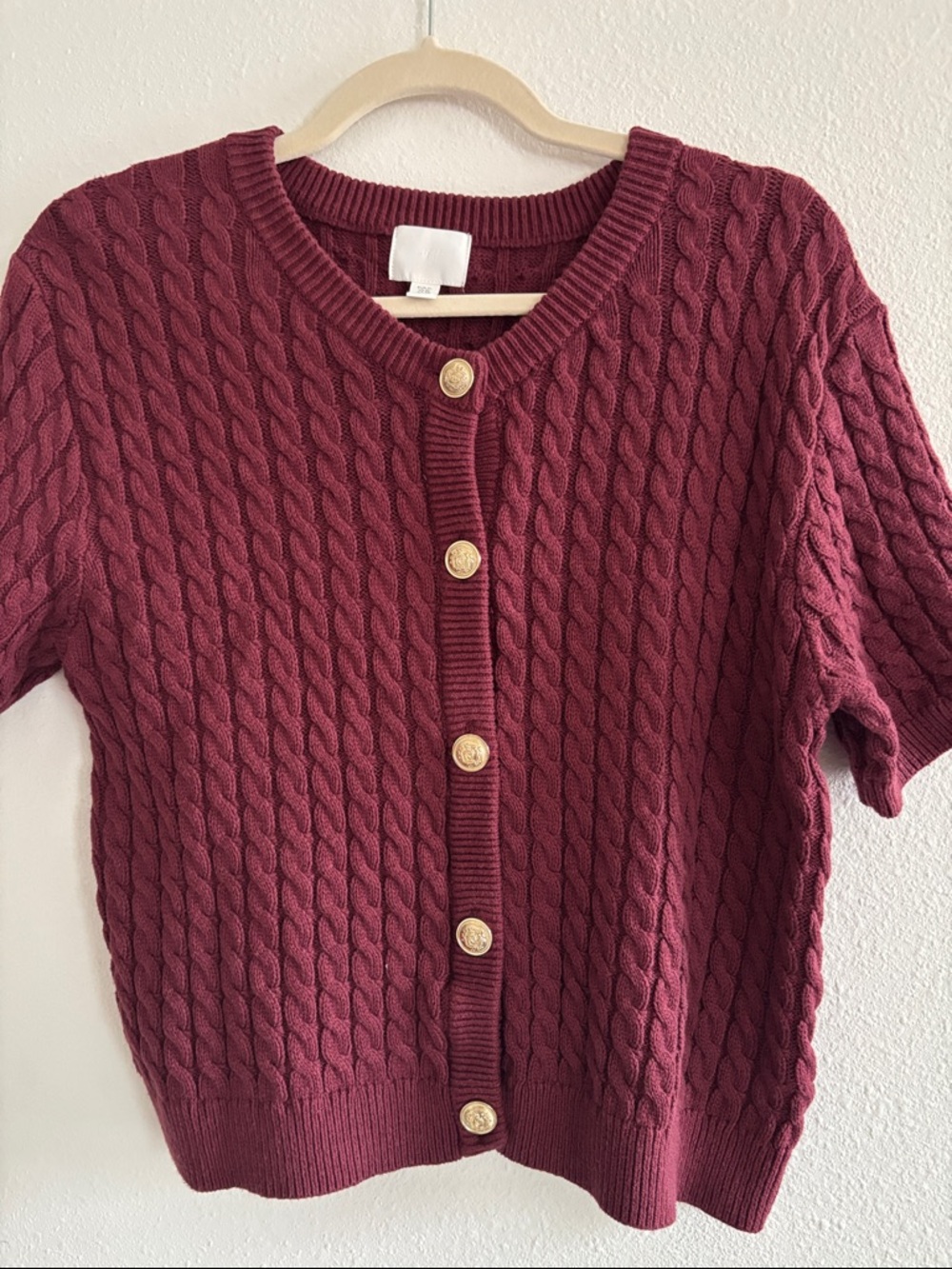 H&M Burgundy Cable Knit Short Sleeve Cardigan with Gold Buttons